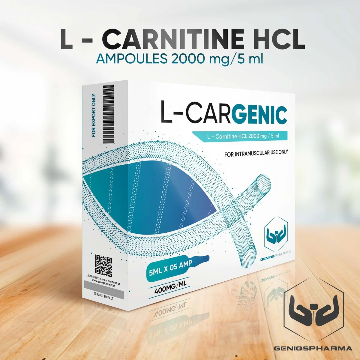Geniqspharma - L-Cargenic (L-Carnitine HCL Injection) - 2000mg/5ml (400mg/ml) - 5 Ampoules x 5ml